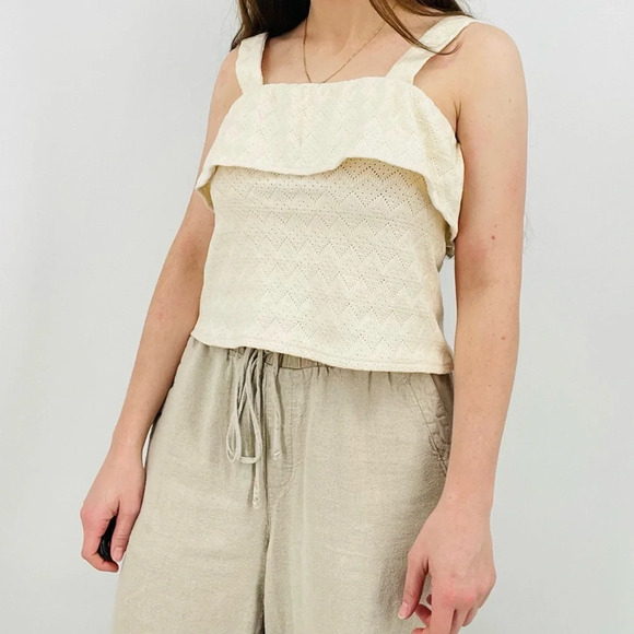 madewell boho coastal ivory pointelle crochet ruffle tank top 100% cotton s - Picture 1 of 7